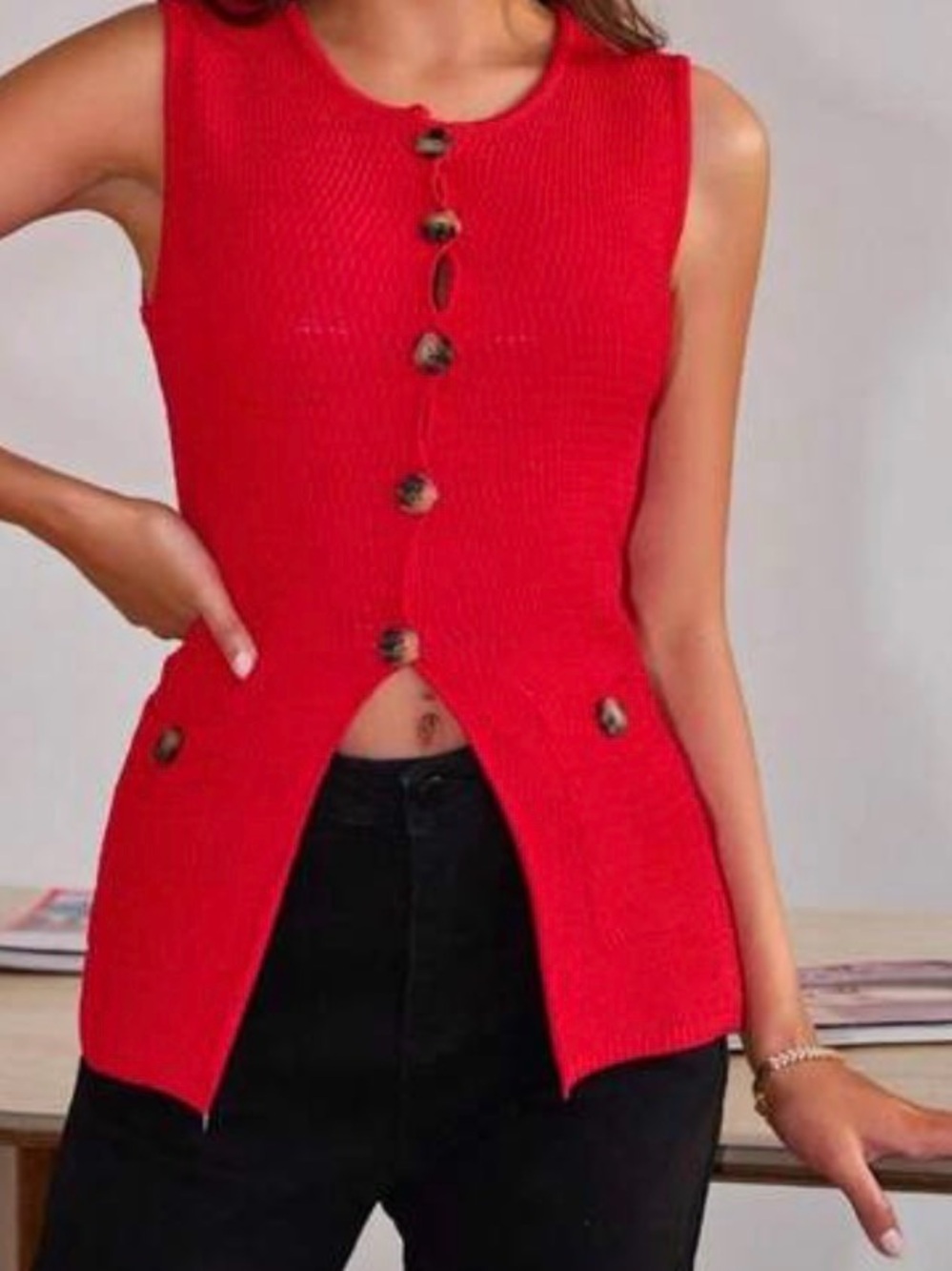 Red Sleeveless Button-Front Knit Top
